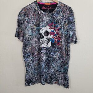 Robert Graham Skull Cotton  Embroidered Flower Tee Short Sleeve Shirt Size XL